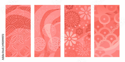 Four vertical panels displaying abstract coral colored floral and geometric patterns