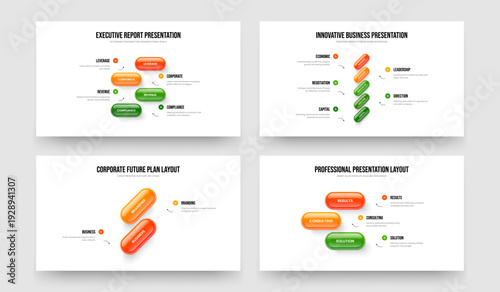 Consulting Launch Four Five Two Three Element Infographic Slideshow Design Vector Illustration Set. Marketing Proposal 4 5 2 3 Step Diagram Slide Template Collection.