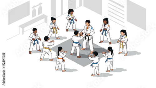 children practicing martial arts in dojo with instructor in hand drawn style