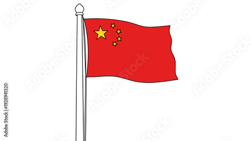 china national flag waving on flagpole hand drawn illustration