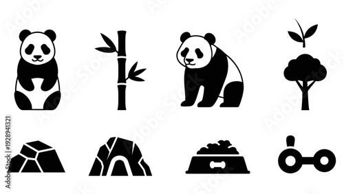 black and white panda bear bamboo tree cave and pet food bowl hand drawn silhouette icon set