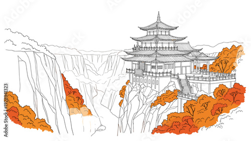 asian temple on cliff with autumn trees hand drawn line art illustration