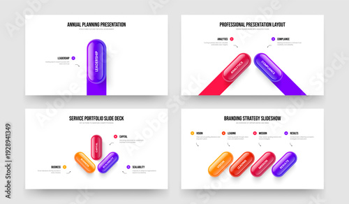 Business Report One Two Three Four Option Diagram Slideshow Layout Vector Illustration Set. Company Proposal 1 2 3 4 Step Infographic Slide Design Collection.