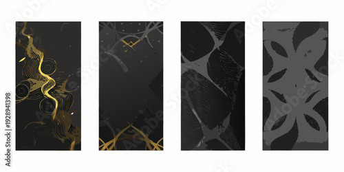 Four abstract vertical panels with swirling textured and contrasting designs