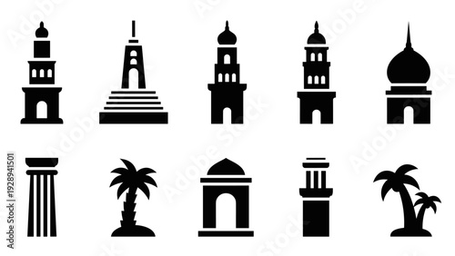set of hand drawn black silhouette buildings columns and palm trees icons