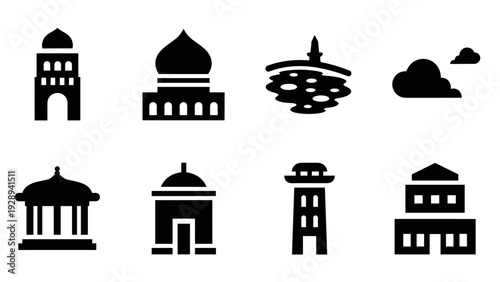 collection of black silhouette mosque and building icons flat style historic and religious architecture elements