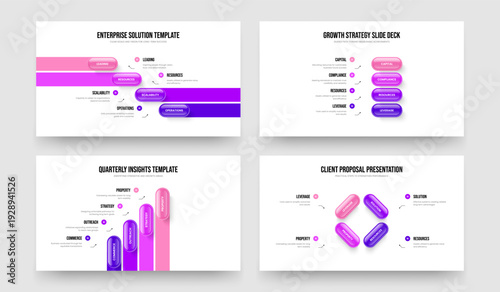 Digital Proposal 4 Option Diagram Presentation Template Set. Professional Insight Four Element Infographic Slide Layout Vector Illustration Bundle.