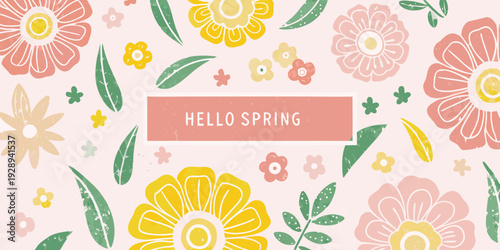 A colorful floral pattern with a hello spring greeting