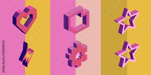 Isometric shapes in pink and yellow hues create a vibrant composition