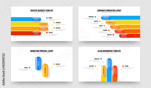 Financial Innovation 4 5 2 3 Step Infographic Slide Design Bundle. Advertising Strategy Four Five Two Three Element Diagram Frame Template Vector Illustration Collection.