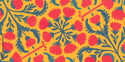 Stylized floral pattern with red blossoms and teal foliage