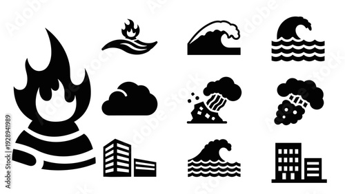 set of black and white natural disaster and building icons in simple silhouette style