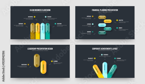 Enterprise Profile 4 5 2 3 Step Diagram Slideshow Template Collection. Sales Introduction Four Five Two Three Element Infographic Slide Layout Vector Illustration Set.