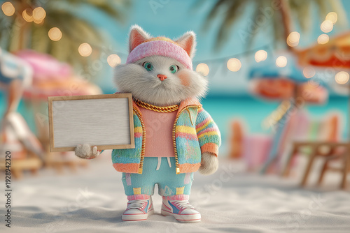 Funky 3D Cat Holding Blank Board in Tropical Summer Scene