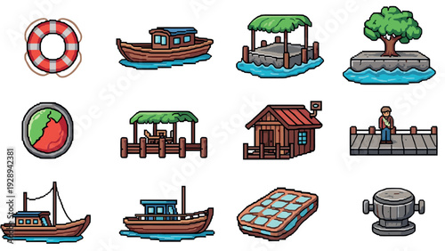 set of hand drawn fishing and waterfront elements with boats docks and equipment
