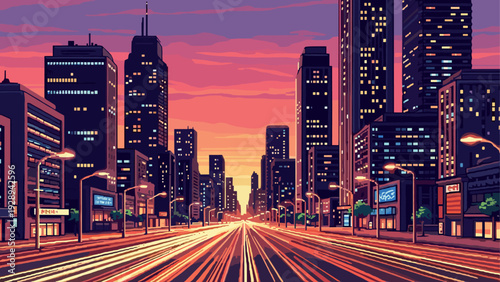city street at sunset with illuminated skyscrapers hand drawn vector illustration