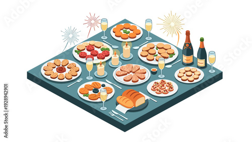 isometric festive appetizer table with assorted snacks champagne bottles and glasses hand drawn celebration food illustration