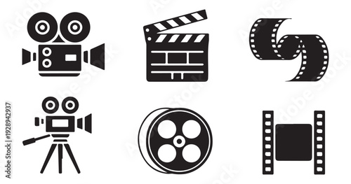 Cinematography equipment collection with vintage video camera film reels clapperboard and studio film strips