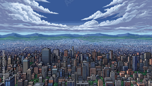 detailed hand drawn city skyline with skyscrapers and mountains under cloudy sky illustration