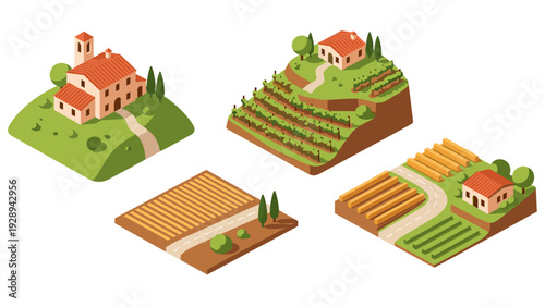 isometric farm landscapes with houses fields vineyards and road set in flat design style
