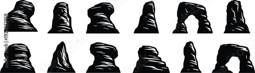 Collection of black and white silhouette of abstract rock formations and natural arches against a white background