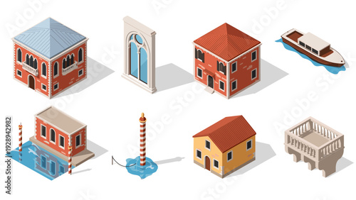 isometric venetian buildings architecture and gondola boat vector illustration set