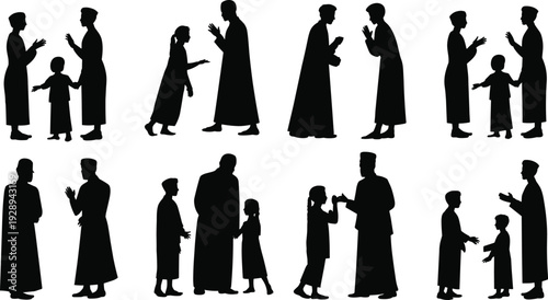 Diverse silhouettes of men and children interacting in various poses suggesting conversation and guidance against a white background