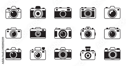 Extensive collection of camera line icons showing different styles of photography devices and optical gear