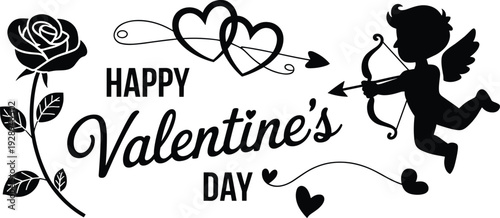 Happy Valentine's Day greeting with cupid, rose, hearts, and calligraphy for romantic celebrations and love