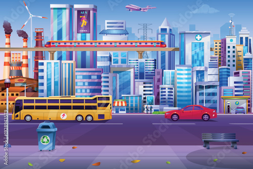 Cityscape, Smart City Powered by Green Technology and Clean Transport, Sustainable Mobility and Transport and Green Technology Illustration, Green Mobility and Clean Energy Illustration