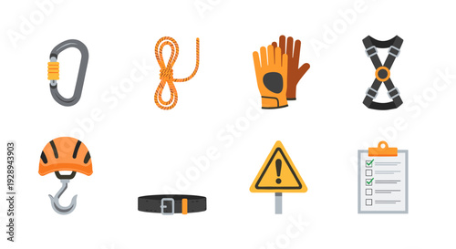 set of hand drawn climbing gear icons including carabiner rope gloves harness helmet belt warning sign and checklist for outdoor safety