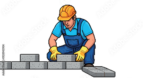 construction worker laying bricks hand drawn colorful illustration
