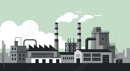 industrial factory complex with chimneys releasing smoke flat vector illustration