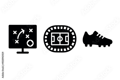 soccer strategy board stadium and cleats black silhouette icons set