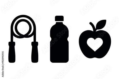 fitness jump rope water bottle and apple with heart silhouette icons set in black