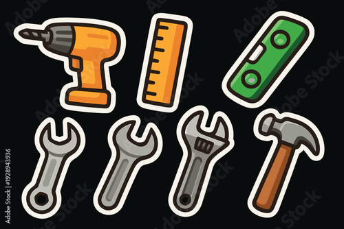 hand drawn set of colorful construction and repair tools icons including drill wrench hammer ruler and level