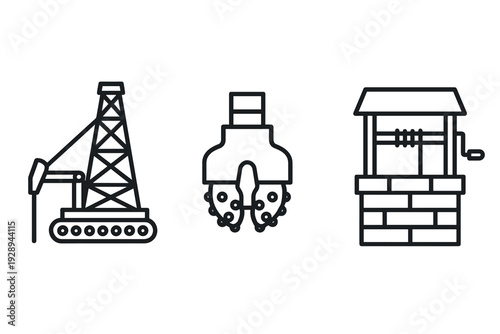 set of oil drilling rig drill bit and water well hand drawn line art icons