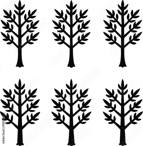 Six identical black silhouette of stylized trees with sparse foliage arranged in two rows on a white background