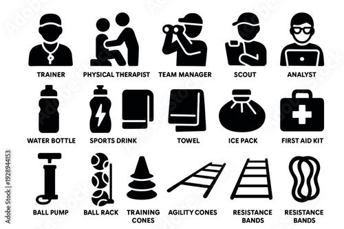sports team management and training equipment icon set in black silhouette style for fitness and coaching