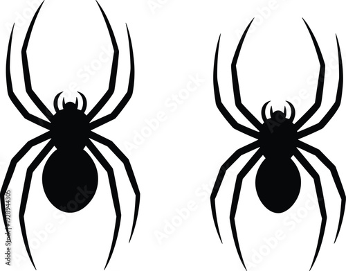Two black silhouette spiders with eight legs and distinct cephalothorax and abdomen on a white background