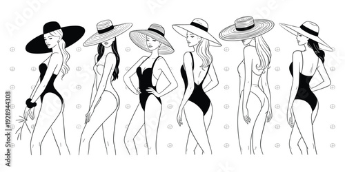 Elegant women in black swimsuits and wide brim hats fashion illustration set stylish female beachwear poses black and white vector collection