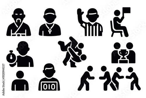 set of black wrestling and sports referee silhouette icons hand drawn style