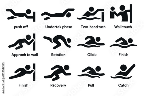 black silhouette swimming technique icon set showing phases of freestyle stroke in hand drawn style