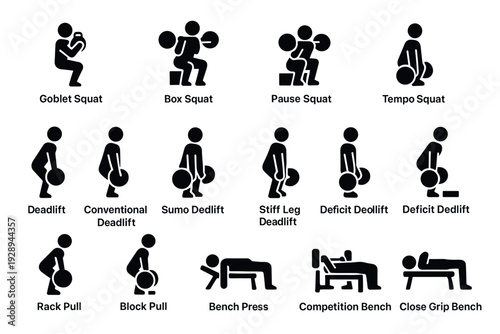 set of hand drawn black silhouette fitness icons showing different squat deadlift and bench press exercises
