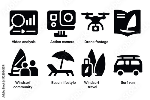 set of black windsurfing and beach lifestyle icons in minimalist style for travel and video analysis