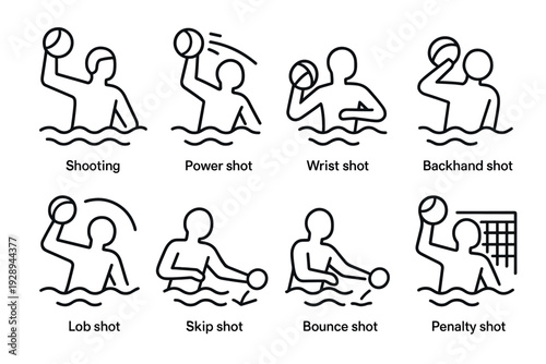water polo shot techniques icon set hand drawn line art collection for sports illustration