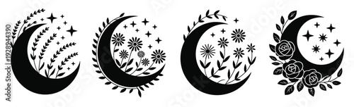 Floral crescent moon silhouettes with stars and botanical elements isolated on white background, boho celestial vector illustration set in black design