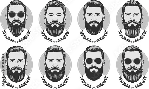 Hipster bearded men faces set with mustache sunglasses and laurel wreath badges vintage style black and white vector illustration collection