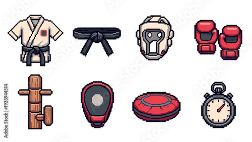 martial arts equipment set pixel art icons including uniform belt protective mask boxing gloves and training gear