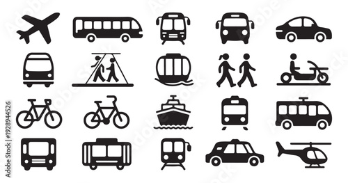 Transportation icon set featuring various modes of travel including public transit car plane boat and bicycle